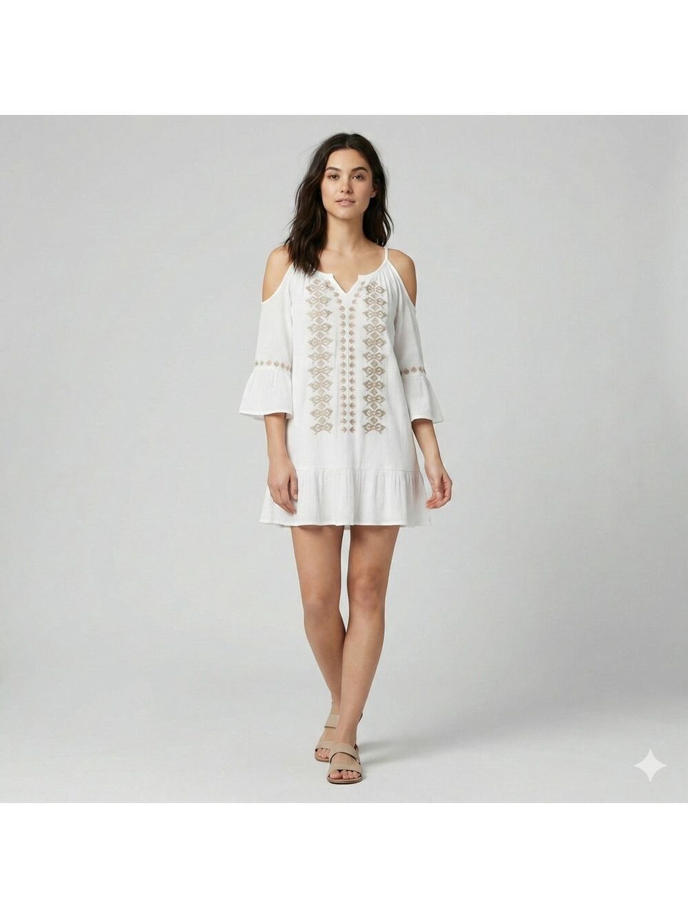 Exist Cream Mini Dress with Brown Embroidery